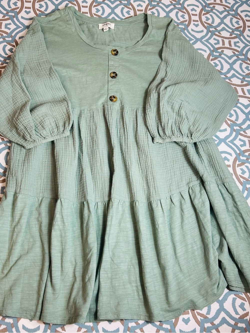 Umgee Sage Green Tiered Cotton Dress with Button Front